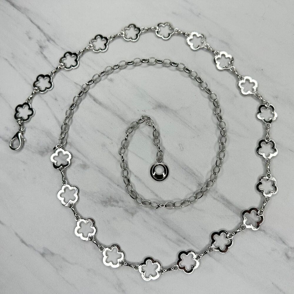 Silver Tone Boho Open Flower Concho Chain Belt Y2K One Size (OS) โจ - Picture 2 of 12